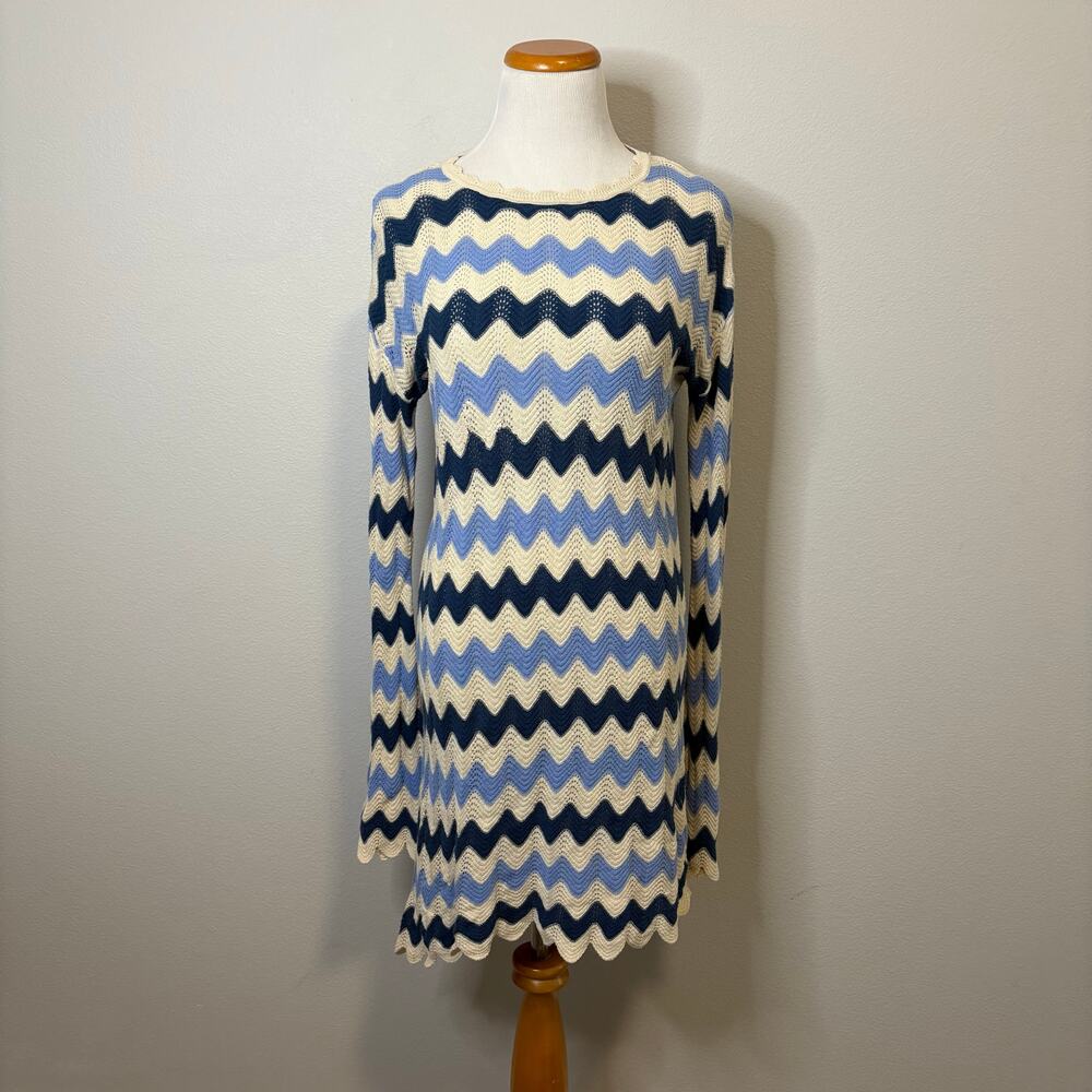 C&C California Blue and Ivory Bell Sleeve Crochet Mini Dress - Size XS